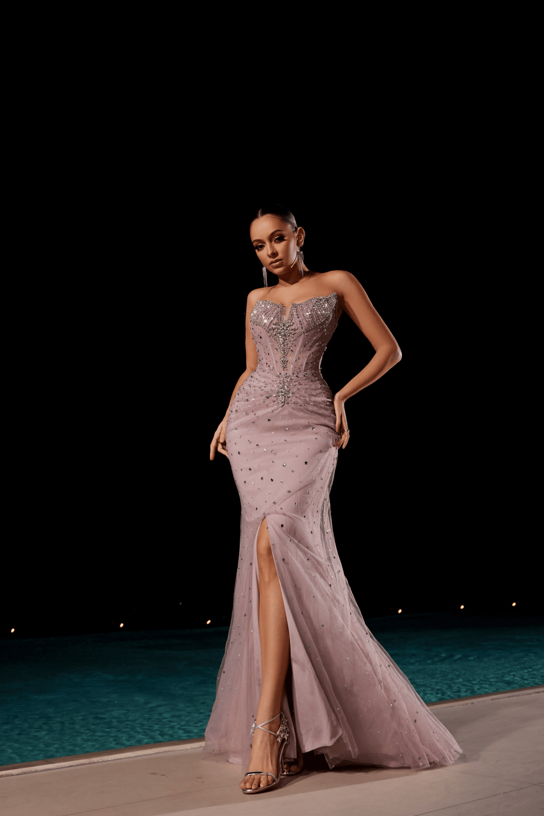 White Strapless Glitter Dress with High Slit - Embellished Gown with Beaded Detailing – Pink Sequin Dress Plus Size - WonderlandByLilian