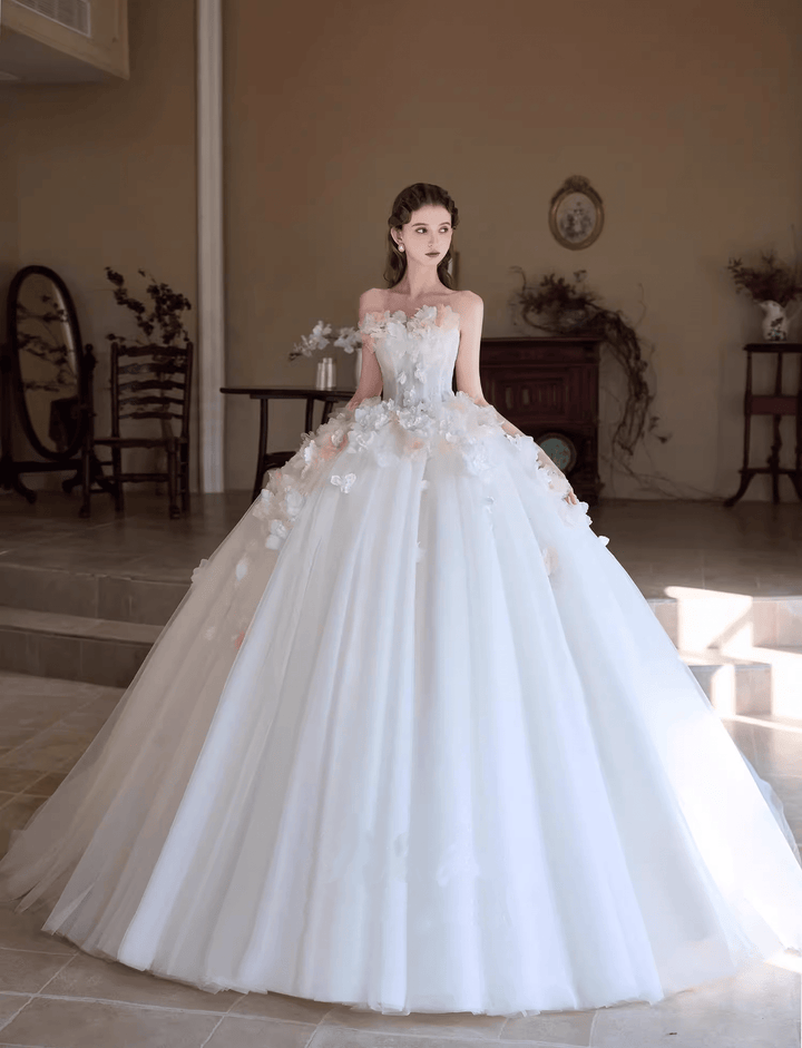 White Strapless Wedding Dress with Tulle Train – Floral Wedding Dress with 3D Flowers Plus Size - WonderlandByLilian