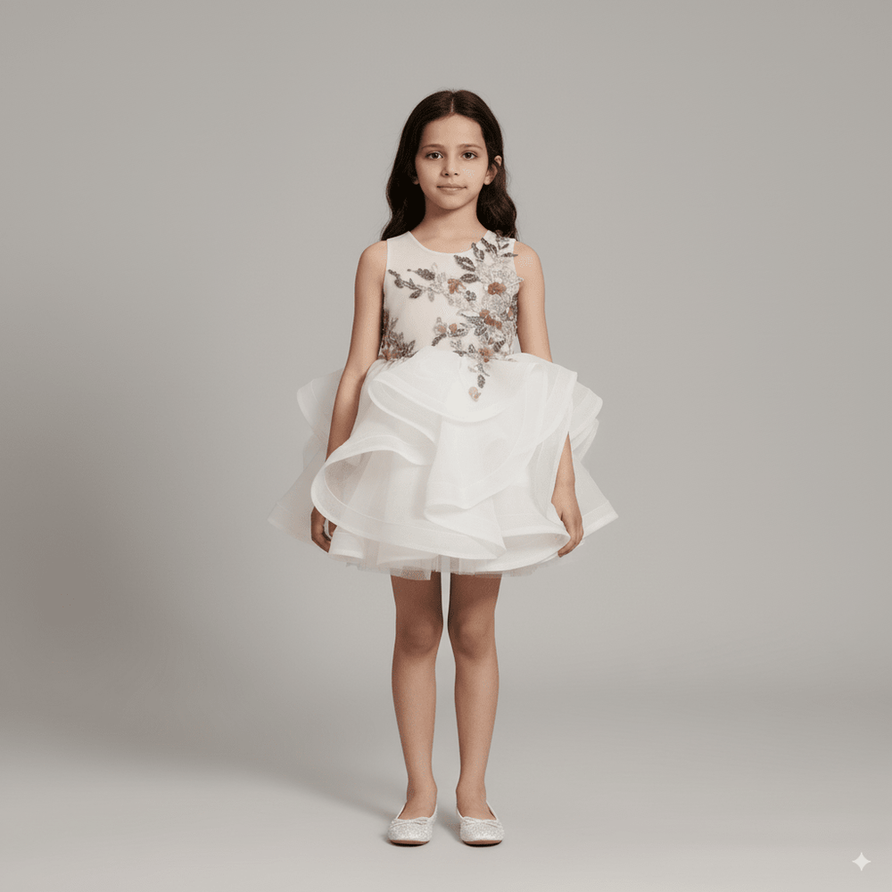 White Tulle Flower Girl Dress with 3D Floral Embroidery – Special Occasion Flower Girl Dress Plus Size - WonderlandByLilian