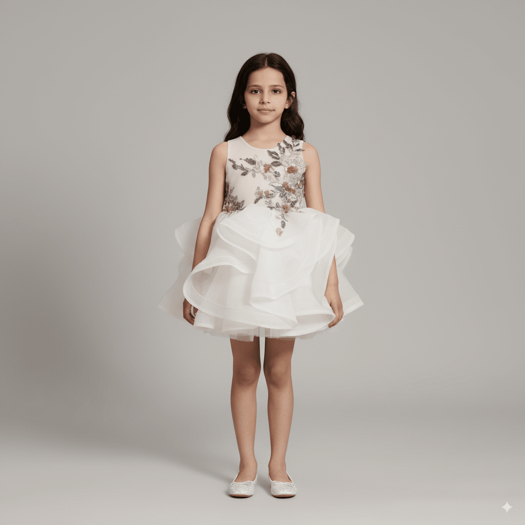 White Tulle Flower Girl Dress with 3D Floral Embroidery – Special Occasion Flower Girl Dress Plus Size - WonderlandByLilian