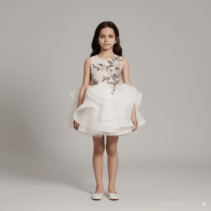 White Tulle Flower Girl Dress with 3D Floral Embroidery – Special Occasion Flower Girl Dress Plus Size - WonderlandByLilian