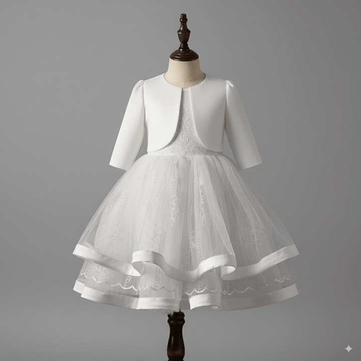 White Two - Piece Flower Girl Dress with Jacket – Elegant Tulle Wedding Flower Girl Dress Plus Size - WonderlandByLilian