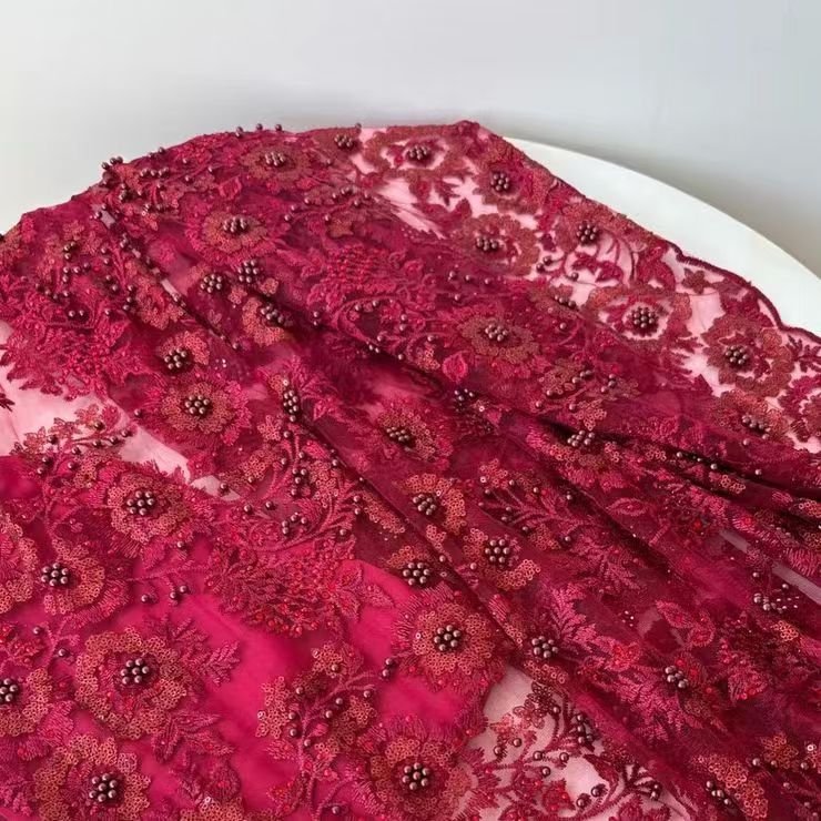 Wine Red Beaded Sequin Embroidered Lace Fabric - WonderlandByLilian