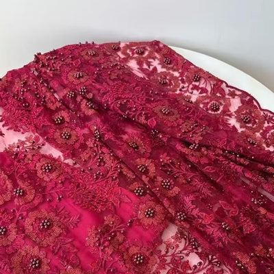 Wine Red Beaded Sequin Embroidered Lace Fabric - WonderlandByLilian