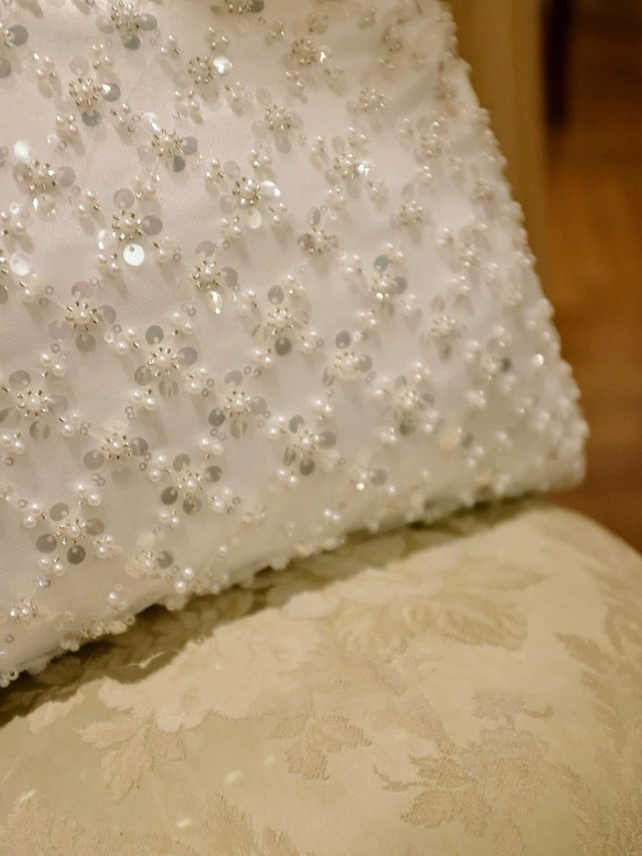 “Winter Sonata” – Handmade White Sequin Lace Cushion with Pearlescent Embroidery - WonderlandByLilian