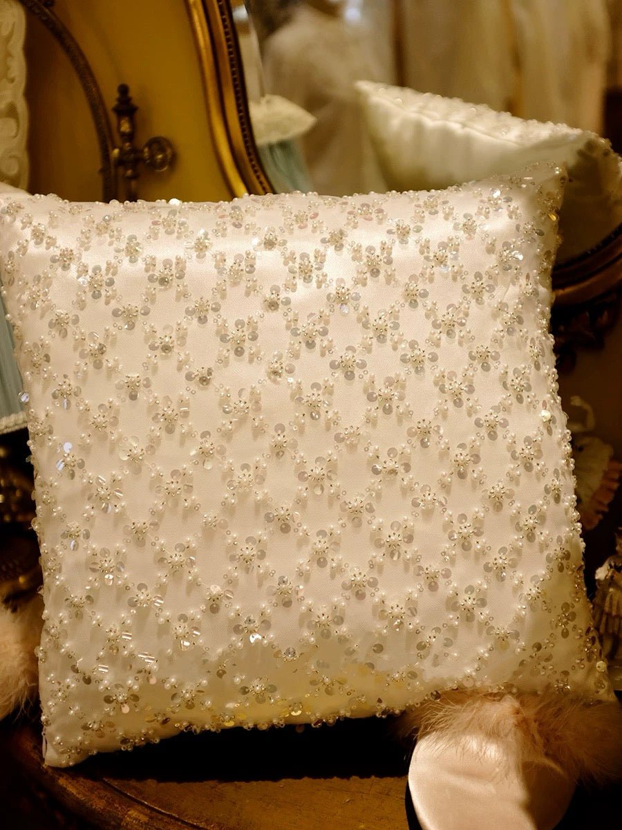 “Winter Sonata” – Handmade White Sequin Lace Cushion with Pearlescent Embroidery - WonderlandByLilian