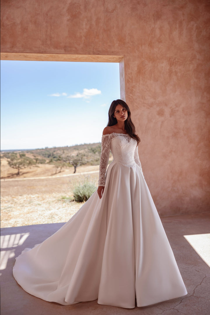 Off Shoulder Lace Corset A-Line Wedding Dress with Long Train and Structured Satin Skirt – Romantic European Bridal Gown Plus Size