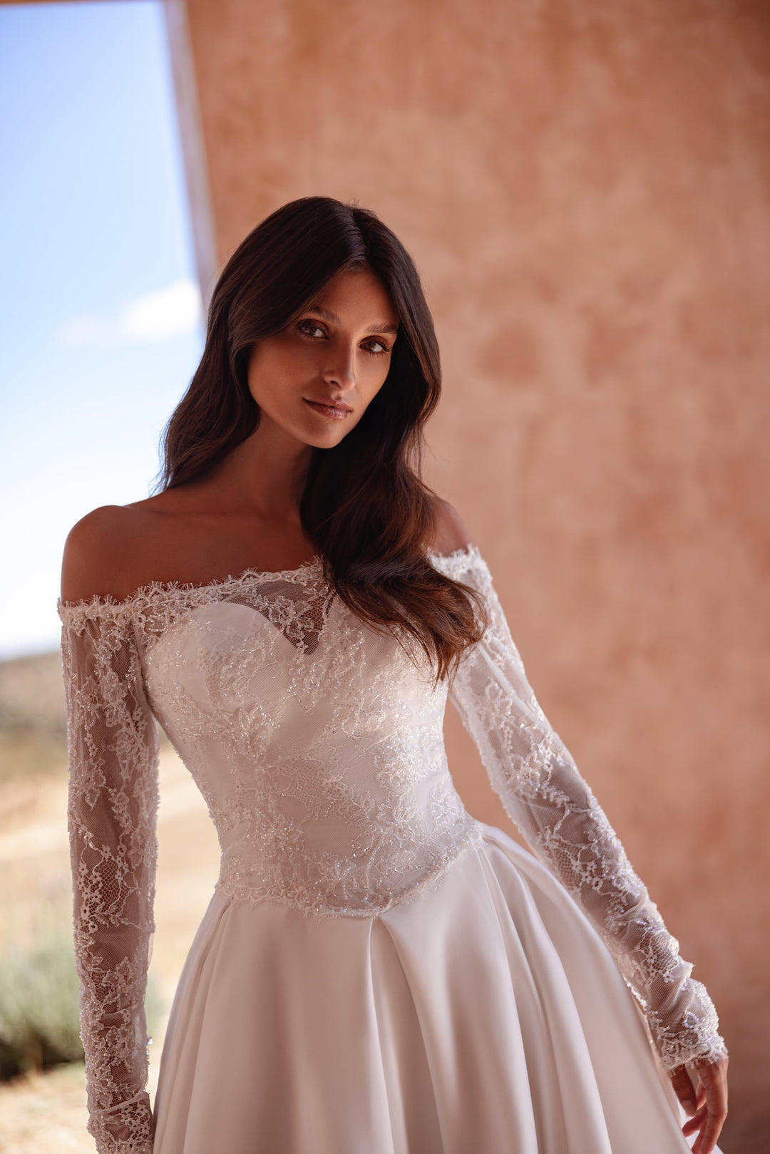 Off Shoulder Lace Corset A-Line Wedding Dress with Long Train and Structured Satin Skirt – Romantic European Bridal Gown Plus Size