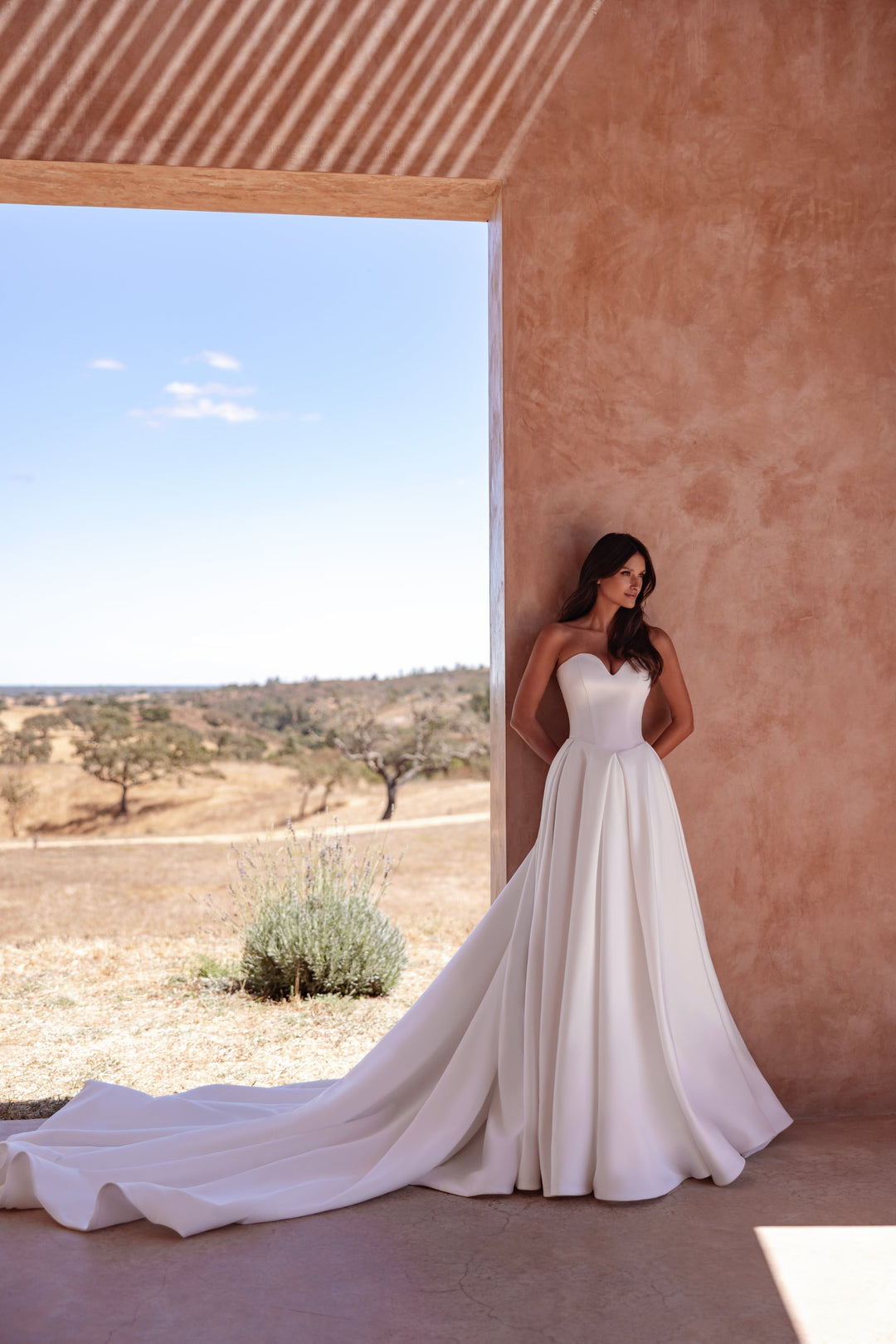 Off Shoulder Lace Corset A-Line Wedding Dress with Long Train and Structured Satin Skirt – Romantic European Bridal Gown Plus Size