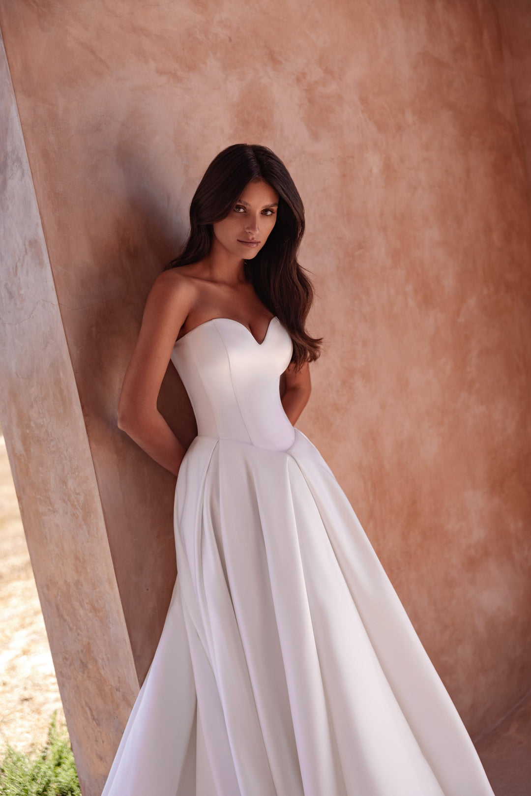 Off Shoulder Lace Corset A-Line Wedding Dress with Long Train and Structured Satin Skirt – Romantic European Bridal Gown Plus Size