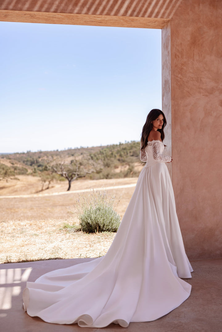 Off Shoulder Lace Corset A-Line Wedding Dress with Long Train and Structured Satin Skirt – Romantic European Bridal Gown Plus Size