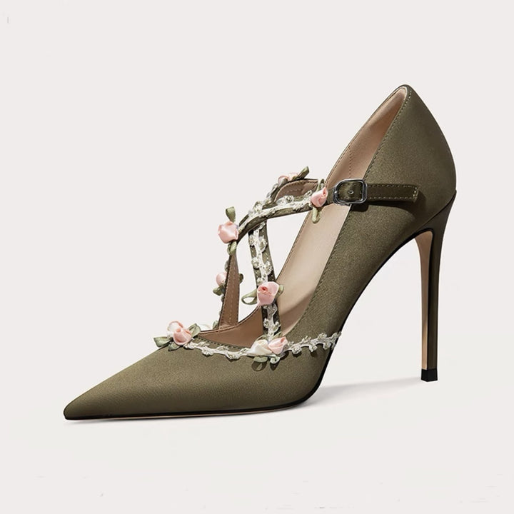 Vintage-Inspired Champagne Elegant Cross-Strap High Heels with Vine Details