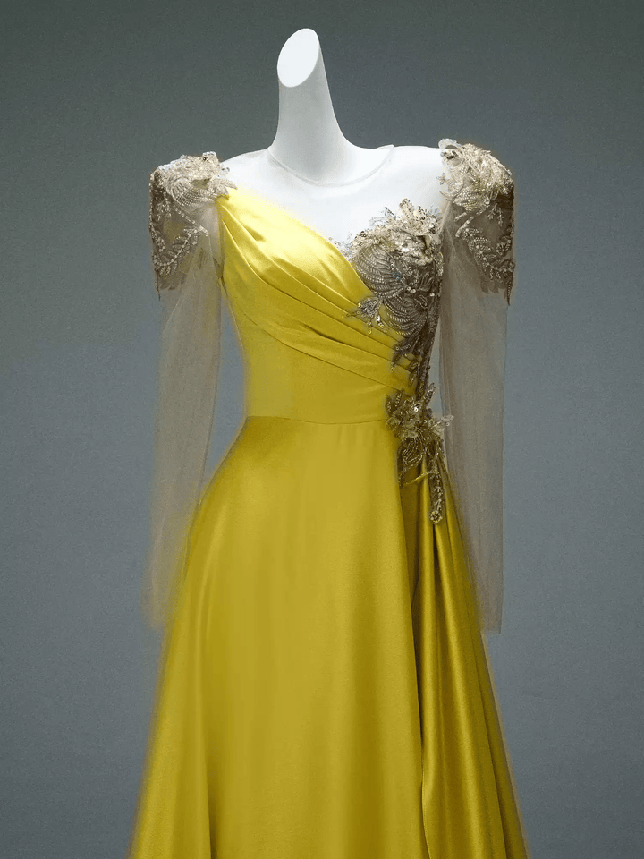 Yellow Satin Evening Dress with Embroidered Sheer Sleeves – Lace - Up Back Formal Evening Dress Plus Size - WonderlandByLilian