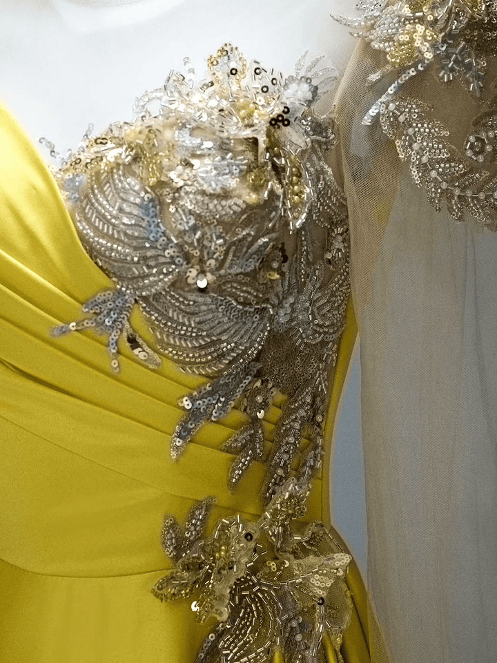 Yellow Satin Evening Dress with Embroidered Sheer Sleeves – Lace - Up Back Formal Evening Dress Plus Size - WonderlandByLilian