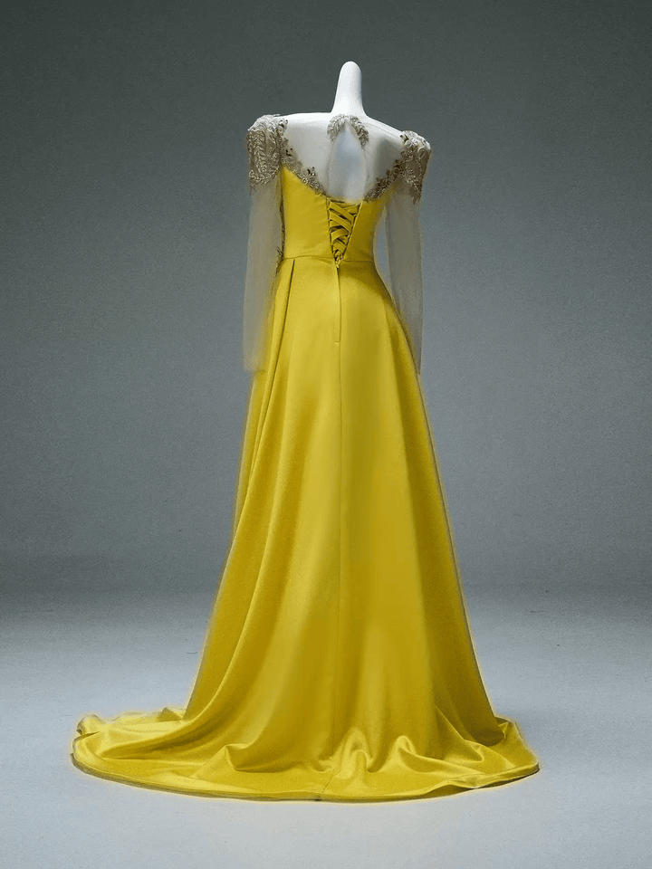 Yellow Satin Evening Dress with Embroidered Sheer Sleeves – Lace - Up Back Formal Evening Dress Plus Size - WonderlandByLilian