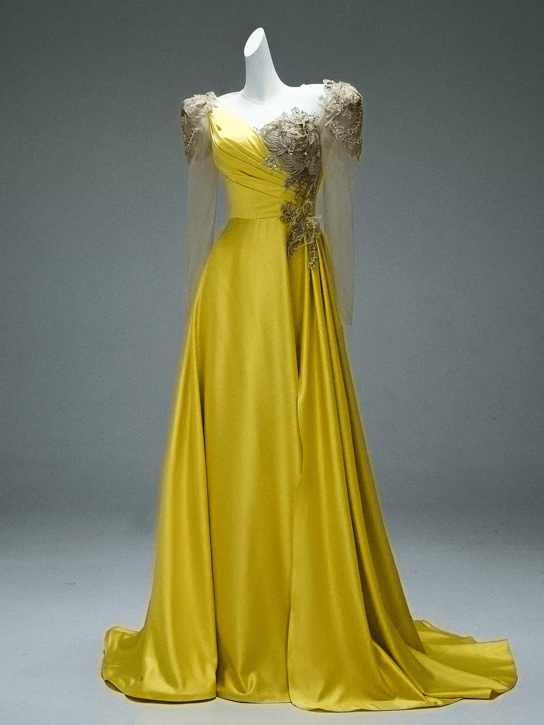 yellow plus size formal dresses Yellow Satin Evening Dress with Embroidered Sheer Sleeves – Lace-Up Back Formal Evening Dress Plus Size Size 6 / Yellow