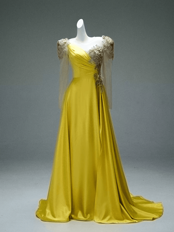 Yellow Satin Evening Dress with Embroidered Sheer Sleeves – Lace - Up Back Formal Evening Dress Plus Size - WonderlandByLilian