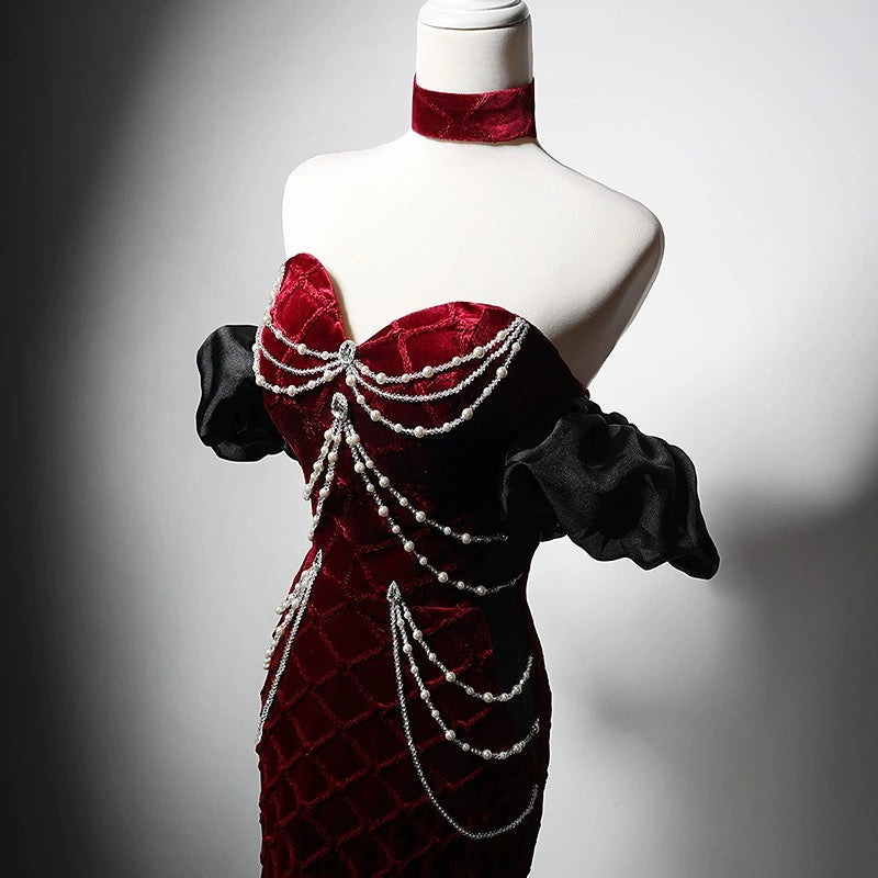 Burgundy Velvet Evening Dress with Pearl Chains - Off-The-Shoulder Dress with Sleeves - Red Evening Gown Plus Size Size 22w / Red Burgundy Velvet Evening Dress with Pearl Chains - Off-The-Shoulder Dress with Sleeves - Red Evening Gown Plus Size Size 22w / Red