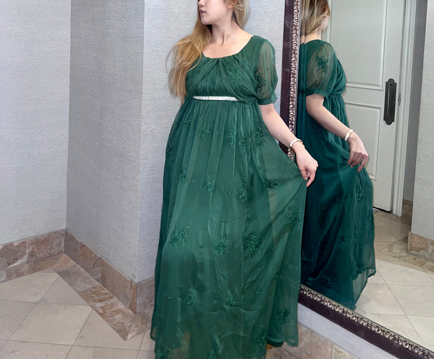 Emerald Embroidery Bridgerton Green Regency Era Ball Gown -Empire Waist Dress - Plus Size