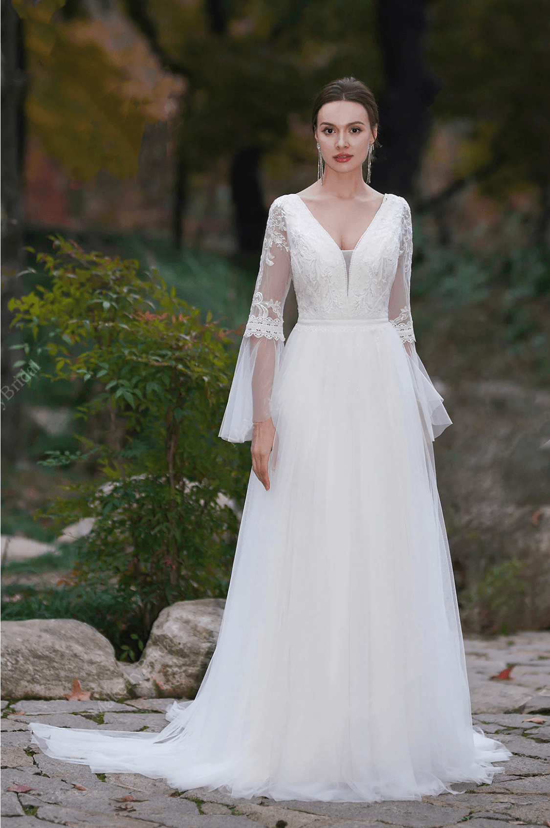 A-Line Boho Light Ivory Embroidery Wedding Dress With V-neck Long