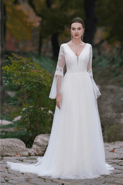 A-Line Boho Light Ivory Embroidery Wedding Dress With V-neck Long Sleeves - Plus Size - WonderlandByLilian
