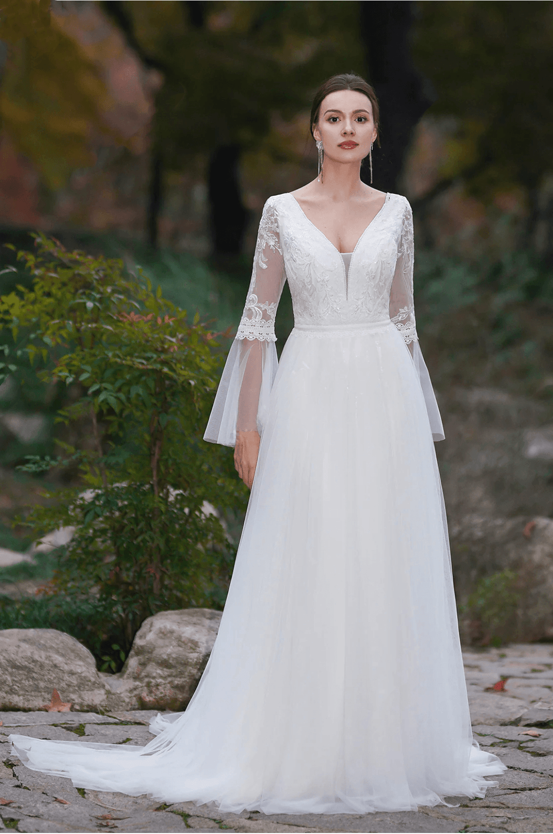 A-Line Boho Light Ivory Embroidery Wedding Dress With V-neck Long Sleeves - Plus Size - WonderlandByLilian