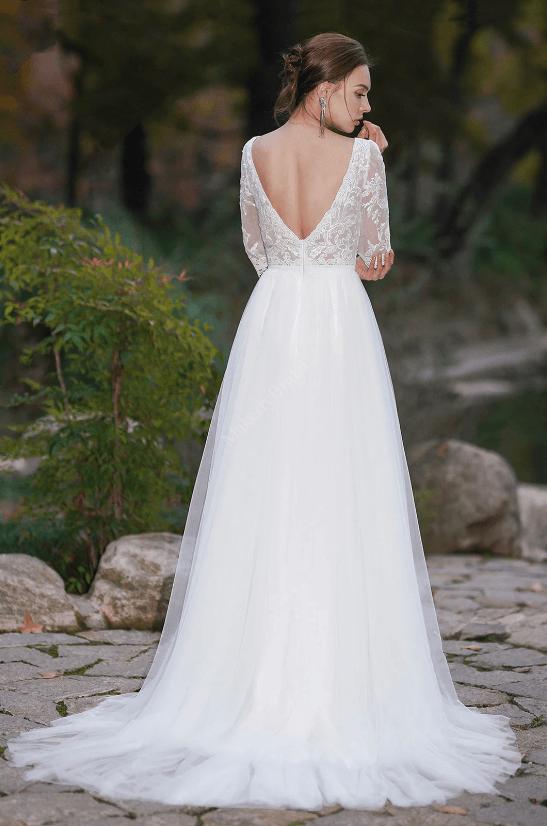 A-Line Boho Light Ivory Embroidery Wedding Dress With V-neck Long Sleeves - Plus Size - WonderlandByLilian
