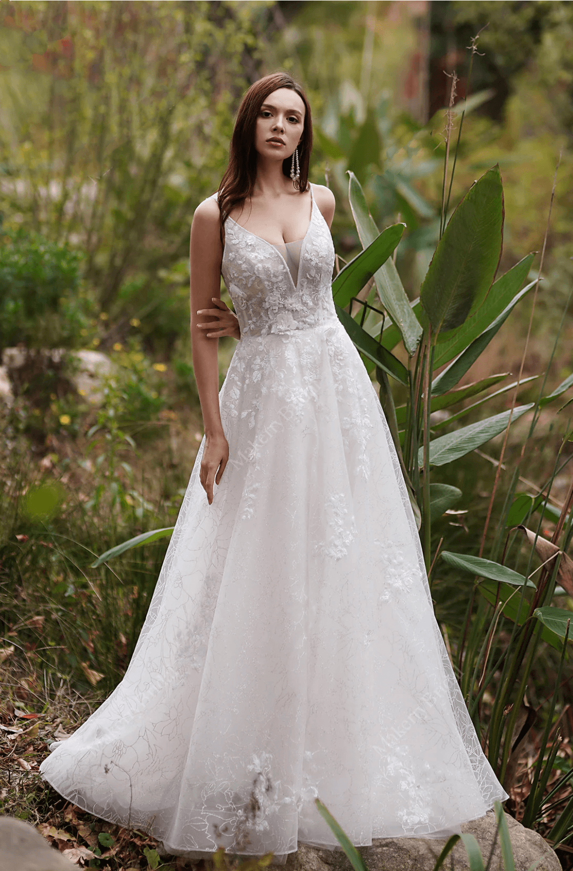 light lace wedding dress Boho Lace Illusion neckline wedding dress with Layered Tulle Appliques, A-Line Backless Design, Illusion Long Sleeves, and Light Champagne Color -