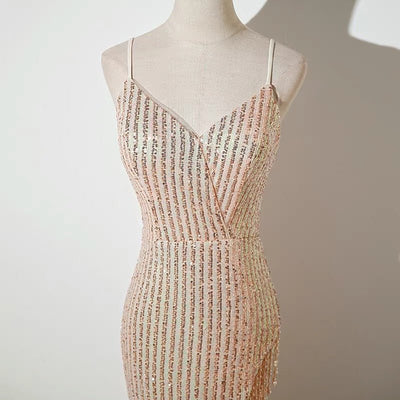 A Line Spaghetti Straps Sequins Long Slit Prom Dress Party Dress Evening Wear - WonderlandByLilian