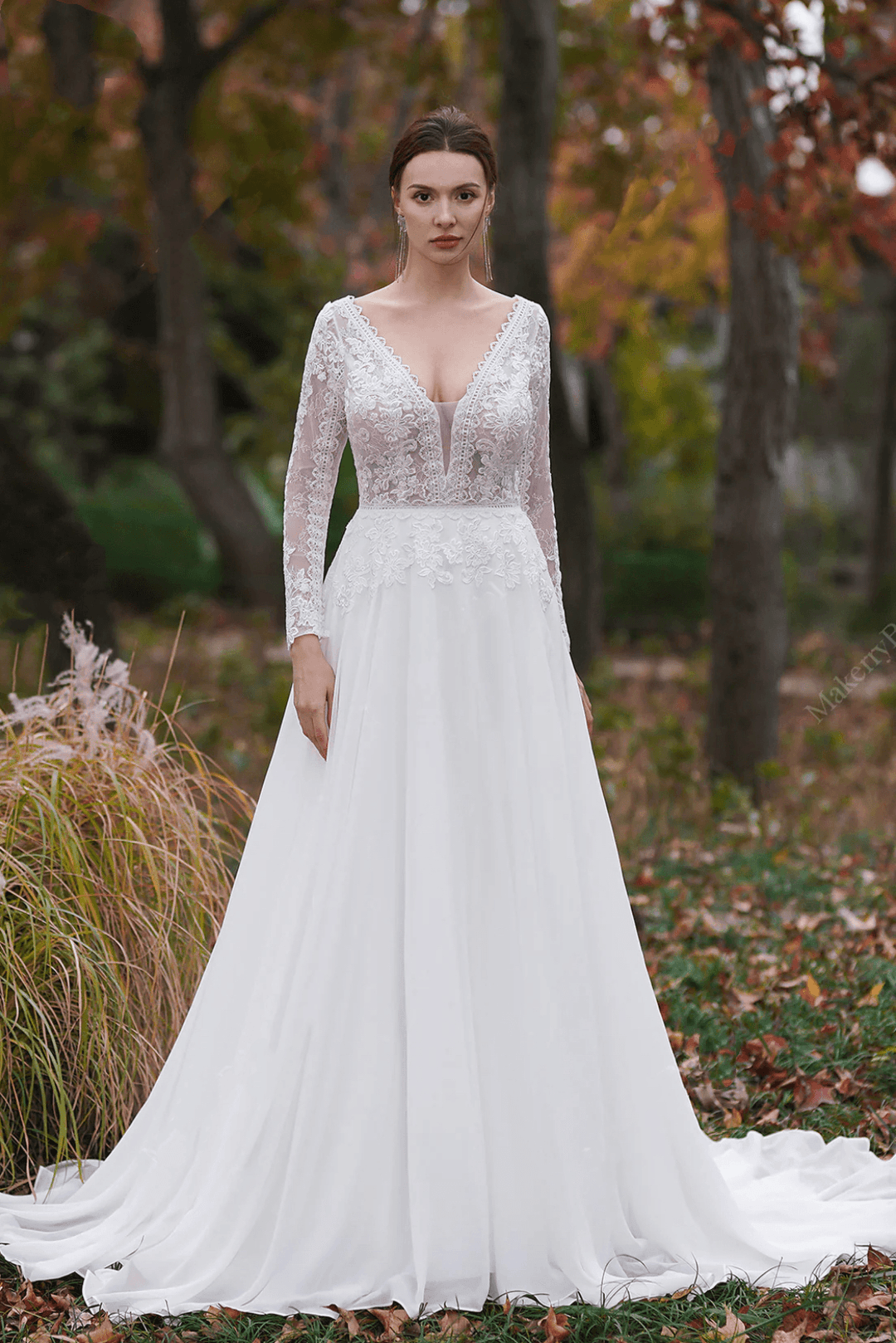 A-Line V-Neck Long Sleeves Light Ivory Embroidery Court Train Chiffon Wedding Dress - Plus Size - WonderlandByLilian