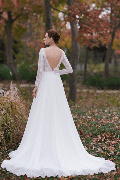 A-Line V-Neck Long Sleeves Light Ivory Embroidery Court Train Chiffon Wedding Dress - Plus Size - WonderlandByLilian