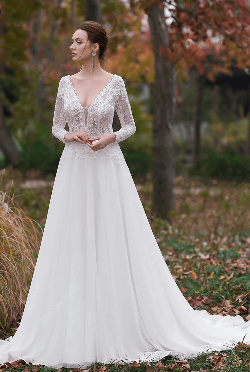 A-Line V-Neck Long Sleeves Light Ivory Embroidery Court Train Chiffon Wedding Dress - Plus Size - WonderlandByLilian