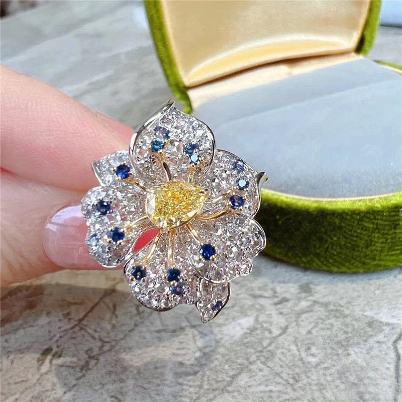 Adjustable Teardrop Gemstone and Yellow Diamond Ring for Women with Flower Design and Full Diamond Encrusted Band - WonderlandByLilian