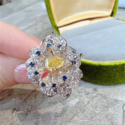 Adjustable Teardrop Gemstone and Yellow Diamond Ring for Women with Flower Design and Full Diamond Encrusted Band - WonderlandByLilian