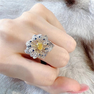 Adjustable Teardrop Gemstone and Yellow Diamond Ring for Women with Flower Design and Full Diamond Encrusted Band - WonderlandByLilian