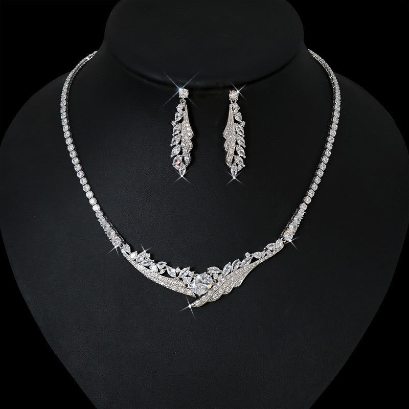 Angel Wing Party Jewelry Set with Full Zircon Diamond Necklace and Earrings - Bridal Wedding Dress Accessories for Women - WonderlandByLilian