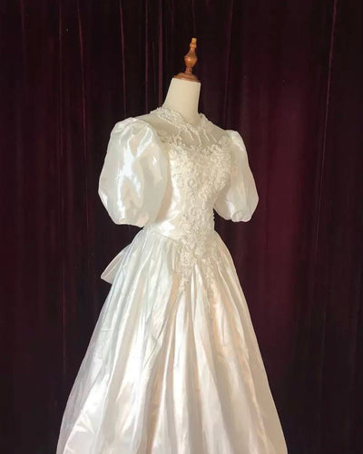 Antique White Modest Lace Wedding Dress With Satin - Vintage Wedding Dress Plus Size - WonderlandByLilian