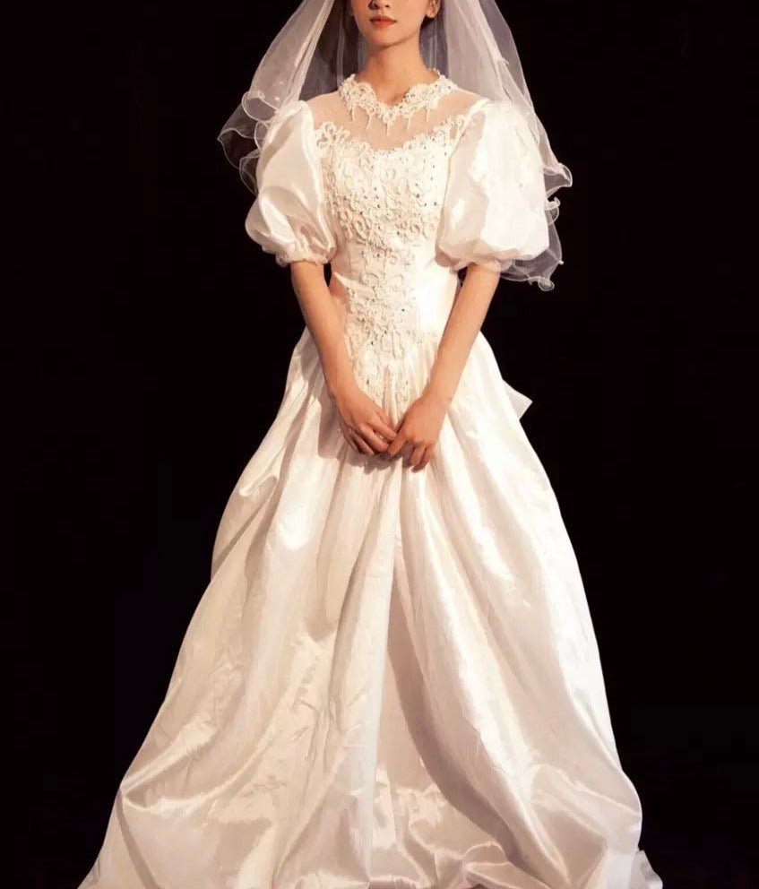 Antique White Modest Lace Wedding Dress With Satin - Vintage Wedding Dress Plus Size - WonderlandByLilian
