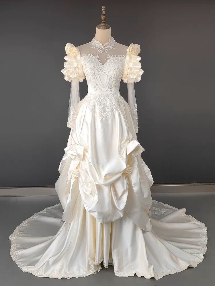 Antique White Modest Wedding Dress With Floral Satin - Vintage Wedding Dress - WonderlandByLilian
