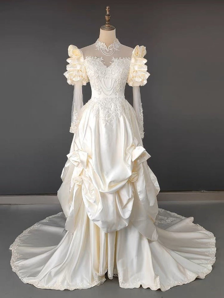 Antique White Modest Wedding Dress With Floral Satin - Vintage Wedding Dress - WonderlandByLilian
