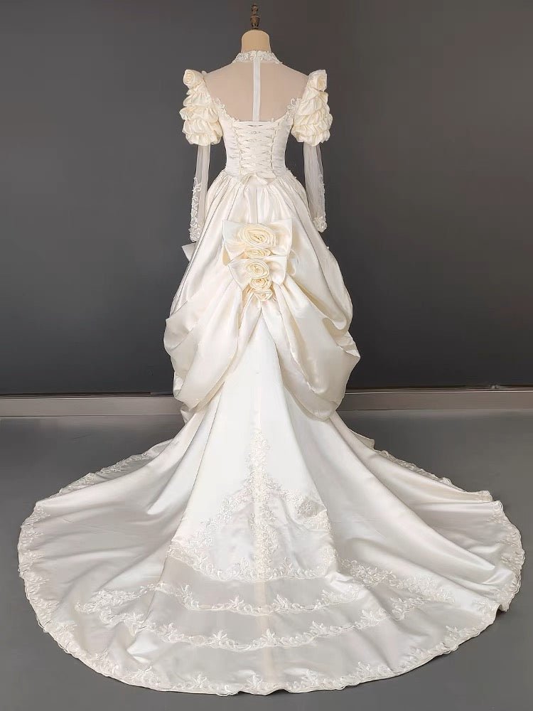 Antique White Modest Wedding Dress With Floral Satin - Vintage Wedding Dress - WonderlandByLilian