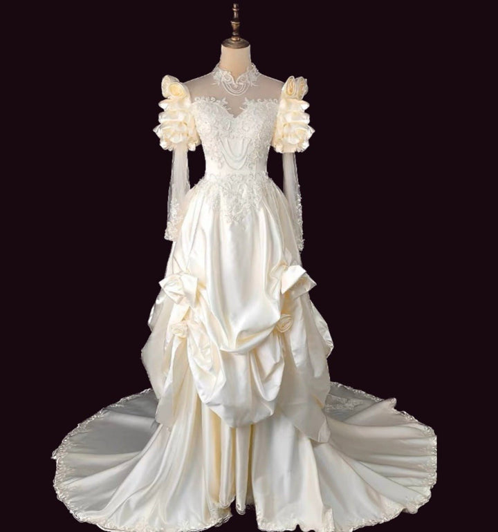 Antique White Modest Wedding Dress With Floral Satin - Vintage Wedding Dress - WonderlandByLilian