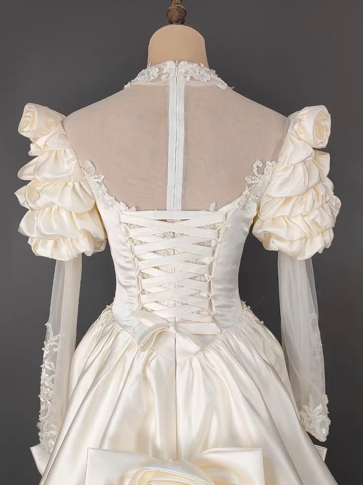 Antique White Modest Wedding Dress With Floral Satin - Vintage Wedding Dress - WonderlandByLilian