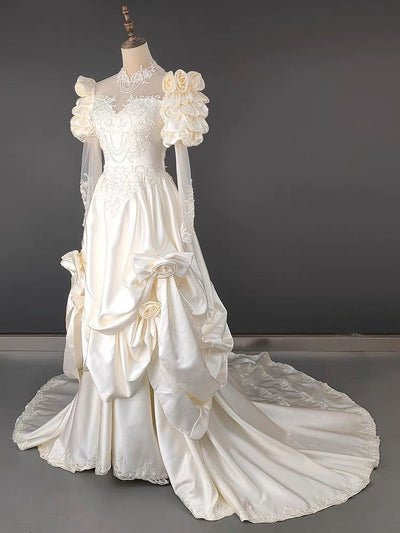 Antique White Modest Wedding Dress With Floral Satin - Vintage Wedding Dress - WonderlandByLilian