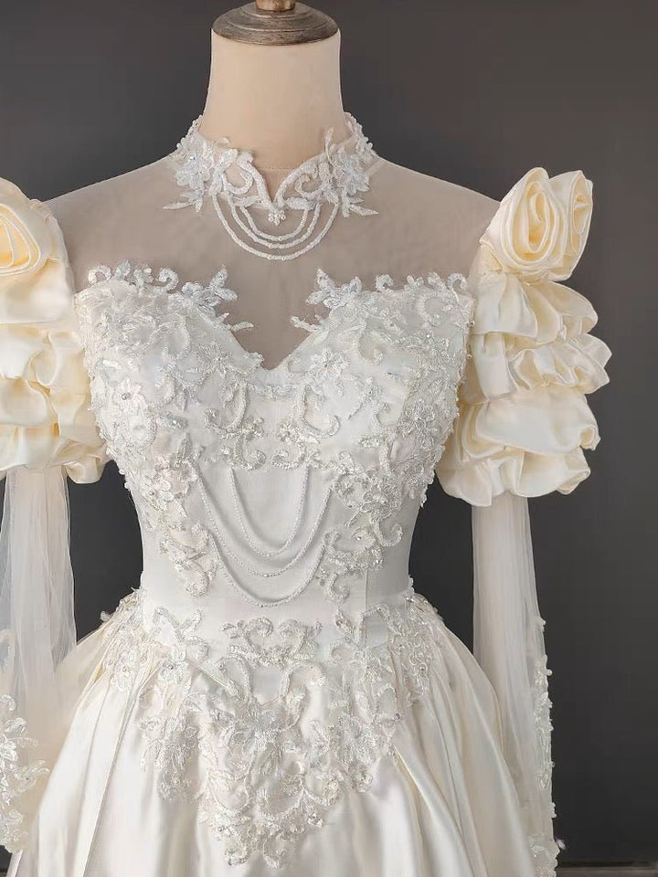 Antique White Modest Wedding Dress With Floral Satin - Vintage Wedding Dress - WonderlandByLilian