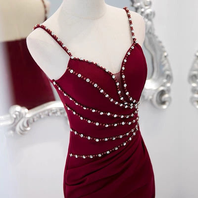 Beading Red Burgundy Pearl Prom Dress - Christmas Party Dress Evening Wear Slip Dress - WonderlandByLilian
