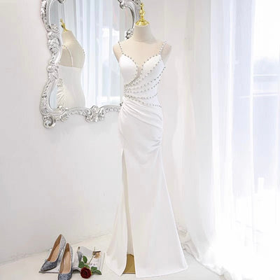 Beading White Pearl Prom Dress Party Dress Evening Wear Slip Dress - WonderlandByLilian