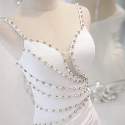 Beading White Pearl Prom Dress Party Dress Evening Wear Slip Dress - WonderlandByLilian