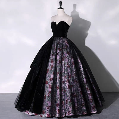 Black and Purple Gothic Wedding Dress - Sexy Gothic Floral Strapless Ball Gown - WonderlandByLilian