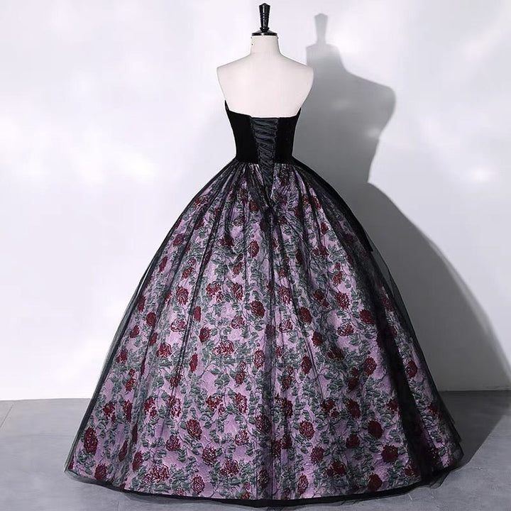 Black and Purple Gothic Wedding Dress - Sexy Gothic Floral Strapless Ball Gown - WonderlandByLilian